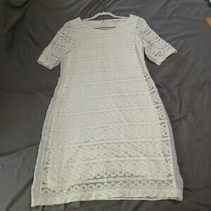 Banana Republic Size 8 White Eyelet Short Sleeved Fitted Dress